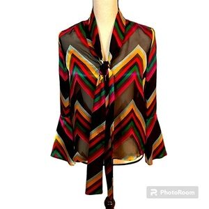 NWT Alice + Olivia Multi Chevron Sheer Bow Blouse Sz-S